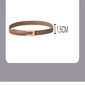 Detailed view of the slim brown leather belt with metal buckle, 1.5cm width elegance.