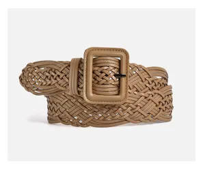 Cinturón de cuero trenzado para mujer, elegante cinturón ancho casual con hebilla cuadrada.