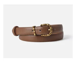 Women brown crocodile pattern leather belt with vintage gold bamboo buckle for jeans dress