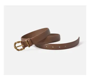 Elegant brown women's leather belt featuring a chic crocodile texture and gold buckle.