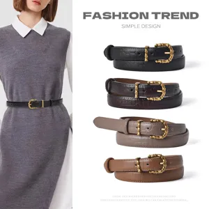 Women Genuine Leather Belt Crocodile Pattern Retro Bamboo Metal Pin Buckle Fashion Casual Dress Jeans Belt