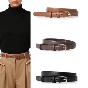 Minimalist Genuine Leather Thin Belt For Women Vintage Gold Tone Metal Buckle Versatile Dress Pants Waist Belt