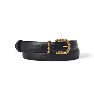 Black leather women belt with vintage gold bamboo buckle crocodile pattern stylish waist belt