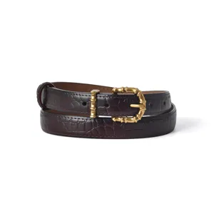 Women's brown crocodile texture genuine leather belt featuring elegant gold bamboo buckle.