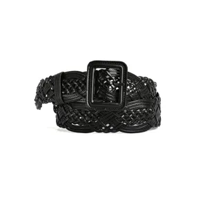 Cinturón ancho de cuero negro trenzado para mujer hecho a mano con hebilla rectangular elegante