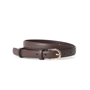 Minimalist women's brown genuine leather belt with gold buckle, stylish thin waist strap main view
