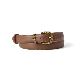 Brown crocodile pattern women leather belt with vintage gold bamboo buckle for jeans.