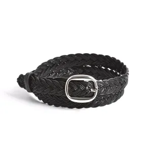 Cintura intrecciata nera da donna con fibbia argentata, cintura in pelle intrecciata per jeans.