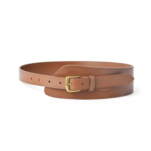 Ceinture corset large en cuir marron pour femme avec boucle ardillon dorée pour manteau.