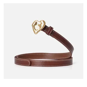 Brown genuine leather women belt with unique gold heart buckle detail and white stitch trim.