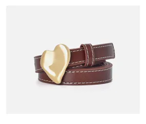 Women brown leather belt with gold heart buckle retro sweet style thin dress belt accessory
