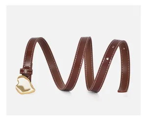 Brown genuine leather belt featuring white contrast stitching and a unique gold heart buckle.