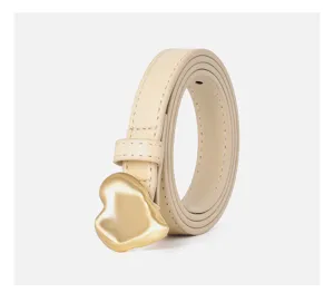 Close-up detail of beige women's thin leather belt featuring a chic gold irregular heart buckle.