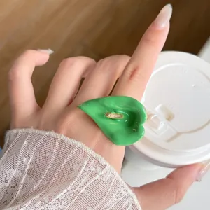 Green Calla Lily Enamel Ring Open Adjustable Metal Finger Ring Fashion Jewelry Main Image