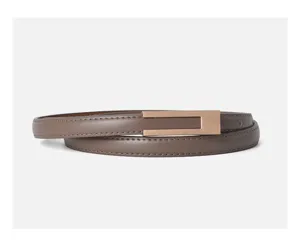 Detailed close-up view of the sleek brown leather belt showcasing its minimalist metal buckle.