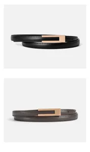 Detail view of women's thin leather belt with gold buckle, elegant minimalist design and texture.