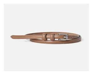 Brown thin leather belt detail shot showing the delicate metal buckle and fine stitching craftsmanship.