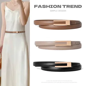 Minimalist Genuine Leather Women Belt Retro Slim Thin Waistband Alloy Pin Buckle Dress Jeans Pants Decorative Belt Accessories