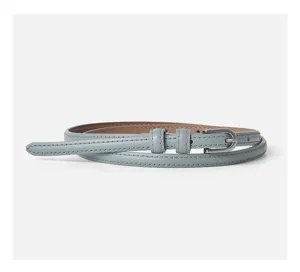 Women genuine leather thin belt casual dress jeans light blue minimalist design