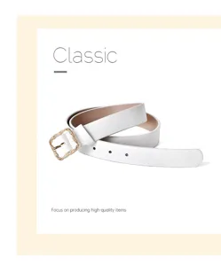 Detailopname van de elegante witte gewatteerde lederen riem met een luxe gouden gesp.