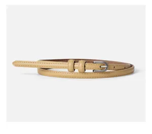 Minimalist women's thin leather belt in beige with silver buckle for casual jeans and dresses.
