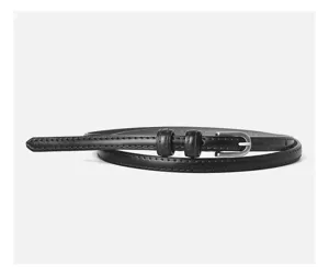 Slim black leather women belt with silver pin buckle, elegant detail for jeans and dresses.