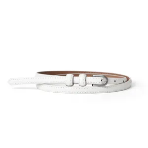 Women's white thin leather belt with silver buckle, versatile dress and jeans accessory.