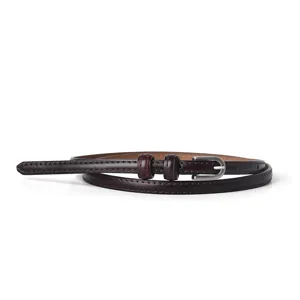Slim leather belt for women, dark brown thin waist belt with silver buckle for jeans and dresses.