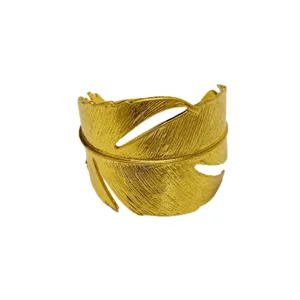 Gold feather cuff bracelet, statement open metal bangle, fashion trendy arm jewelry.