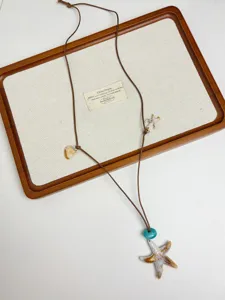 Bohemian ocean style starfish shell necklace with adjustable brown leather cord for women beach