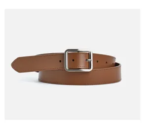 Classic brown leather belt for women featuring a sleek silver pin buckle close up view