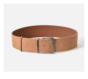 Women's wide suede leather belt with metal pin buckle, minimalist retro waist accessory.