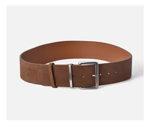 Detail shot of a brown suede leather women belt featuring a matte alloy pin buckle and dual loops.