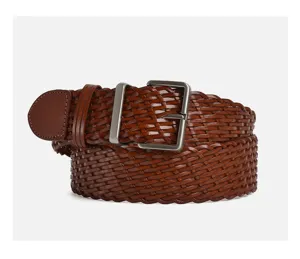 Brown woven leather belt for women, casual style detail view, perfect for daily denim jeans.