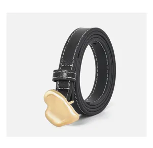 Black leather belt featuring a chic gold irregular heart buckle and elegant white contrast stitching.