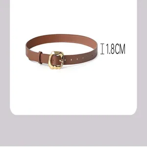 Details of women's genuine leather thin belt with gold wavy buckle, 1.8cm width for jeans.