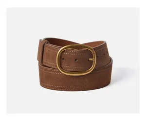 Brown suede women belt with vintage gold oval buckle, fine stitching for coats and sweaters.