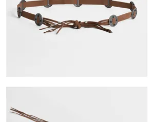 Bohemischer brauner Vintage Fransen Taillengürtel mit Metallornamenten für Damenkleider