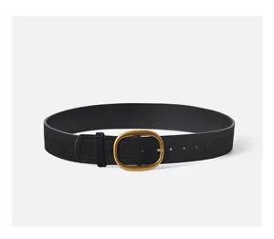 Black suede women belt with vintage gold oval buckle, elegant waist accessory for sweater coat.