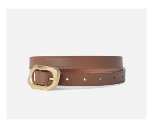 Women genuine leather thin belt with stylish gold buckle casual dress jeans accessory