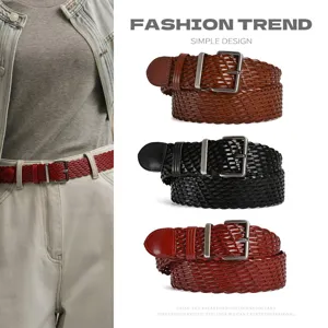 Retro Style Woven Women Belt Vintage Casual Leather Strap With Alloy Pin Buckle For Jeans Ladies Fashion Waistband