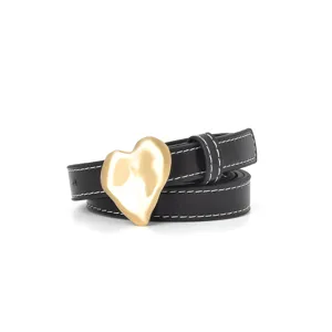 Women genuine leather belt with gold heart buckle retro black belt for dress fashion