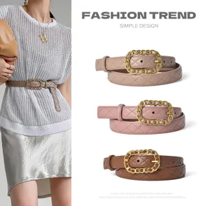 Damen Echtes Leder Gürtel Retro Gesteppt Ketten-Dekoration Elegant Lässig Taille Gürtel Kleid Hose Gürtel Modisches Accessoire