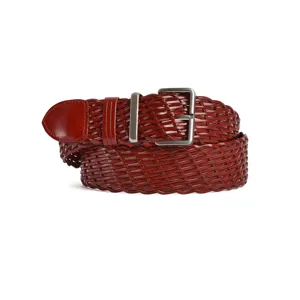 Retro red brown woven leather belt for women with silver buckle casual jeans accessory