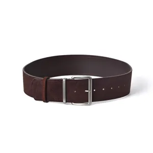 Women's brown suede belt with silver metal pin buckle, minimalist design main product view.