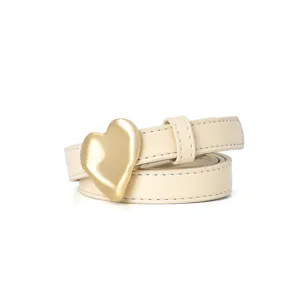Women's chic beige leather belt featuring a trendy gold heart buckle, perfect for dresses.