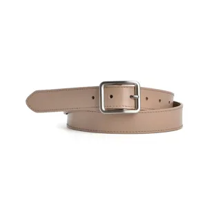 Minimalist women leather belt with silver pin buckle, versatile casual dress jeans belt.