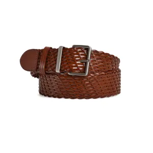 Classic brown woven leather belt for women with metal buckle, casual jeans waist accessory.