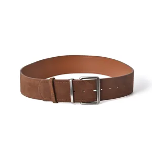 Brown suede belt for women with metal pin buckle, classic casual design for dresses.