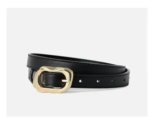 Women's genuine leather thin belt with irregular metal buckle, stylish fashion accessory for jeans.